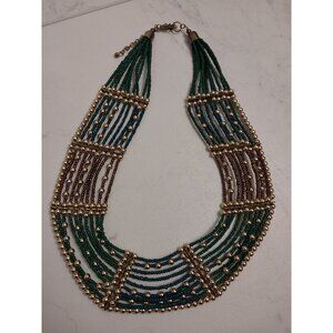Green Gold Beaded Tribal Chunky Necklace 10"